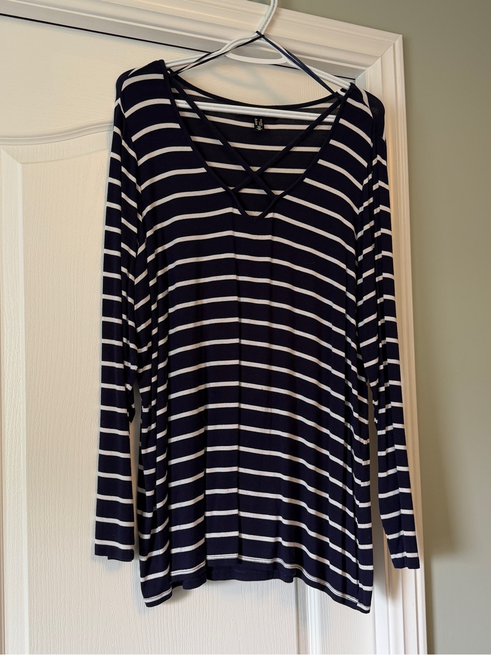 Addition Elle Navy and White Striped Long-Sleeve Top with Crisscross Detail